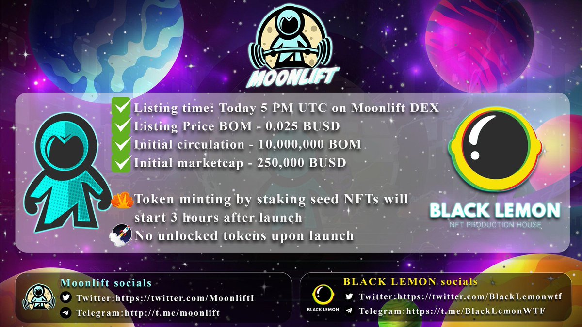 BARMYGROUP's tweet photo. Some information about @BlackLemonwtf #BOM token launch on #MoonLift DEX TODAY at 5PM UTC.

Learn more 👇
https://t.co/4fqsZJPnlH https://t.co/9XeCOcHBdu