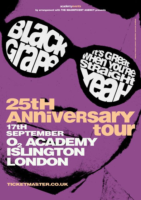 TONIGHT… Black Grape play @O2Islington Academy 1 with guests @TheCrooksUK + @RosellasBand!! 😎

Tickets: ticketmaster.co.uk/event/1F005A68…

#BlackGrape #ShaunRyder #KermitLeveridge #TheCrooks #TheRosellas #London 

@This_Feeling @scottsmenswear