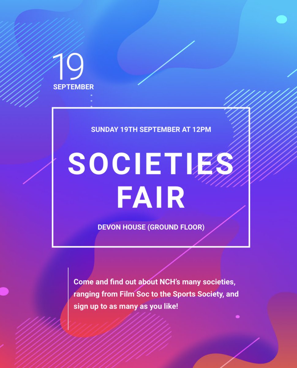 NCH_SU's tweet photo. Freshers’ 2021 kicks off this weekend with:
• 20’s Night 🎇
• Societies Fair 🎉
• Pub Social 🍻
We can’t wait to see you! Be sure to register from your email so you don’t miss out! 🥳 https://t.co/zNmeWPcafe