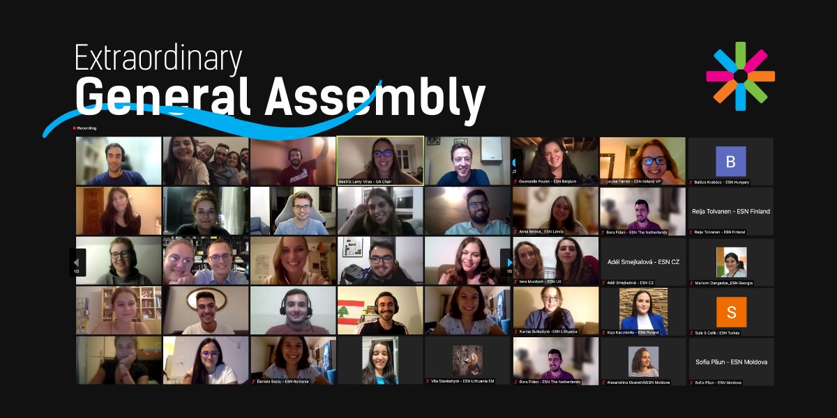 ESN_Int's tweet photo. 💻 Last night, our first-ever extraordinary GA took place, where we updated the network on our work and appointed new roles, including new Liaison Officers who will work on portfolios such as #QualityEducation, #EUaffairs &amp; #InclusiveMobility.

Now onto new adventures! 🚀 https://t.co/MdSxBhGCKk