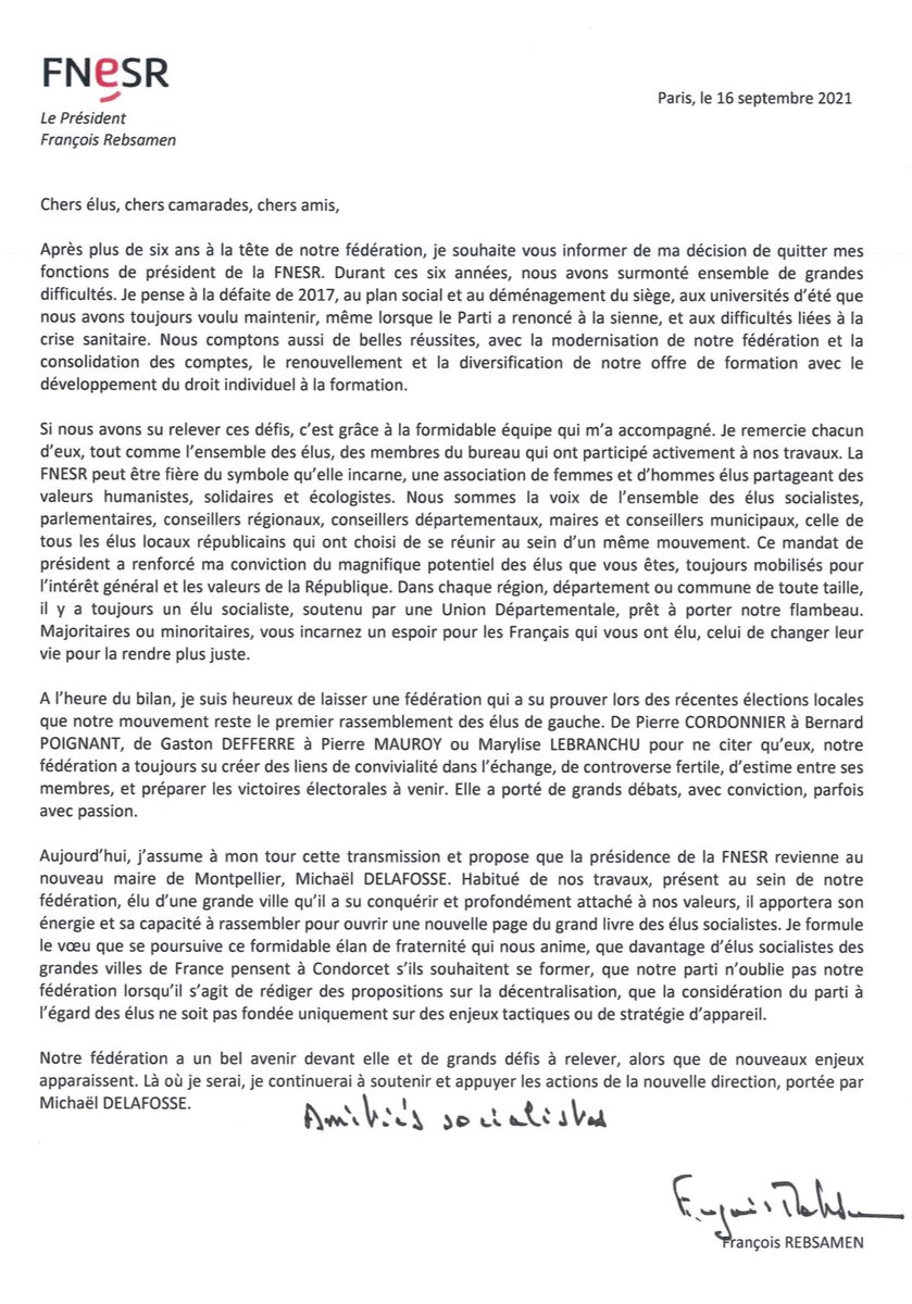 frebsamen's tweet photo. Illustration de mes propos dans @libe, voici ma lettre de démission de la présidence de la #FNESR dont la direction du Parti socialiste a censuré l'envoi à tous les élus socialistes et républicains. #CQFD

📰 Retrouvez mon interview : https://t.co/zYv8Y9oPXQ https://t.co/Jxy3G2wgii