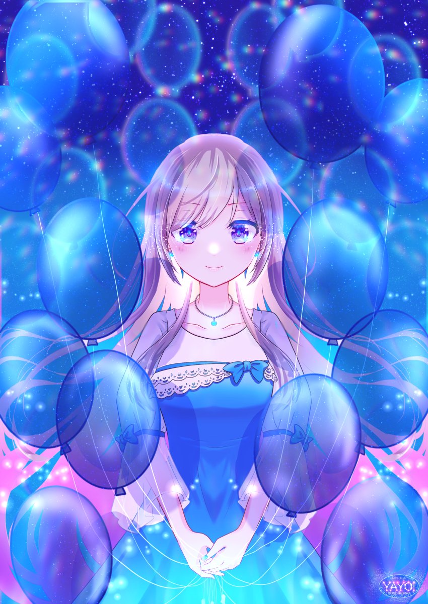 ブルーバルーン オリジナル 女の子 ロングヘアー 風船 星空 ワンピ 星川ヤヨイのイラスト
