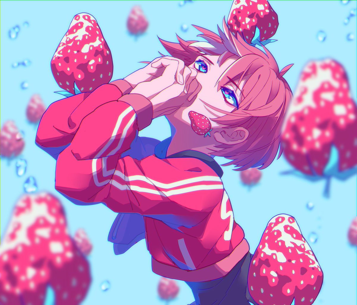 strawberry fruit food solo male focus blue eyes 1boy  illustration images