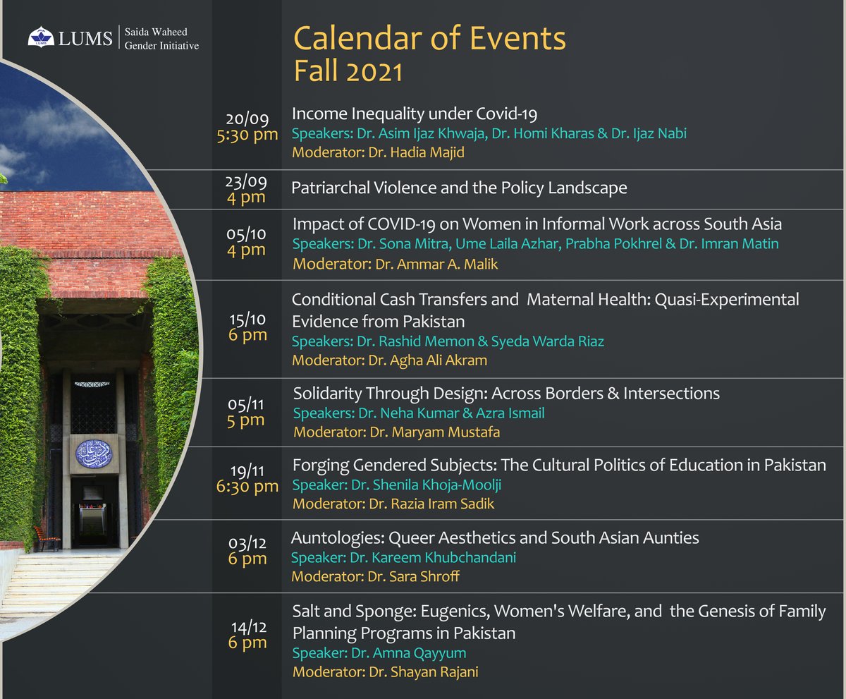 genderatlums's tweet photo. Saida Waheed Gender Initiative is excited to announce the Calendar of Events for Fall 2021, featuring compelling and timely discussions live from SWGI's Facebook page: https://t.co/WMgT56XArv

Email at gender@lums.edu.pk to become a part of our mailing list or for any queries. https://t.co/46cYCgDkCv