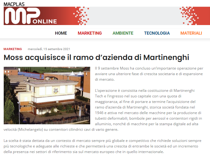 MossItaly's tweet photo. MOSS è su MACPLAS online: nasce il nuovo gruppo "Martinenghi Tech".

👉 https://t.co/oXlRc2ovtT

#MOSS #MartinenghiTech #acquisizione #espansione #nuovimercati @AMP_Amaplast #macplas https://t.co/gHUCyWLU2t