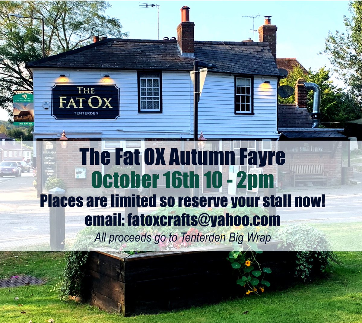 Great News! <a href="/FatOxTenterden/">The Fat Ox</a> is holding an Autumn Fayre on October 16th 10 – 2pm, with creative stalls, tombola &amp; much more. All proceeds to go to the Tenterden Big Wrap.
Stalls cost £5.00 - If you’d like to take part and reserve a stall please email: fatoxcrafts@yahoo.com