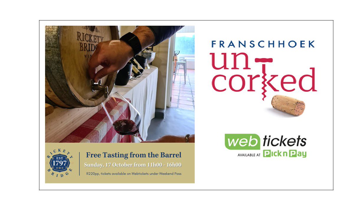 Make sure @RicketyBWinery is one of the venues you visit on the Franschhoek Uncorked weekend on 16 &amp; 17 Oct. They'll be dishing up fab wines &amp; delish pizzas to enjoy while chilling to music by Stuart Reece. Book your weekend pass for R220pp at <a href="/webticketsSA/">webtickets.co.za</a>  <a href="/Franschhoek_SA/">Franschhoek Wine Valley</a>