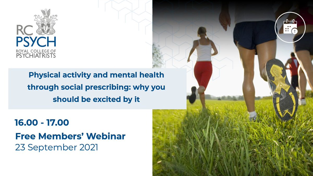 Registration is now open for next week’s Free Webinar - Physical activity and mental health through social prescribing: why you should be excited by it!

Book your place now: ow.ly/5Lk850GbHuB
#RCPsychLIVE