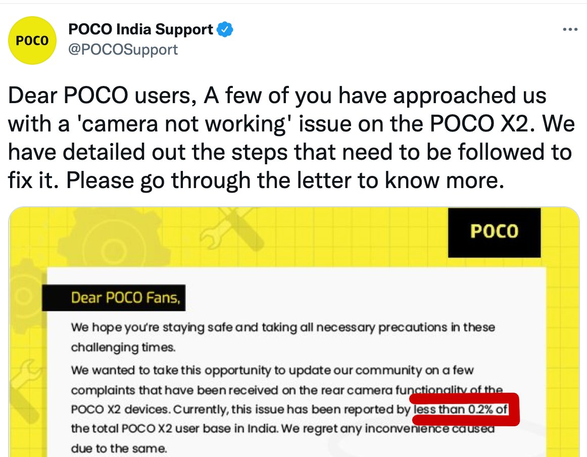 munchyzmunch's tweet photo. Dear @IndiaPOCO the Poco X2 Camera Issue affects should be FIXED for FREE, no matter how many users it affects.
Please move some of your marketing budget, to fixing these phones with Dead Cameras.
@s_anuj @manukumarjain
#pocox2cameradead #pocox2cameraissue https://t.co/VpwfXvEb9w