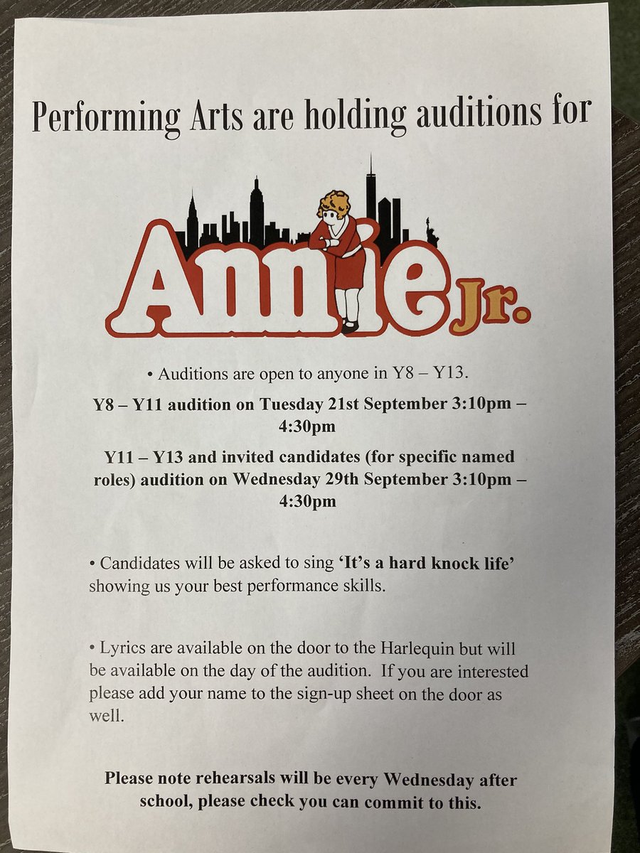 LLT_Year8and9's tweet photo. Are you a budding young actor? Do you want to learn new skills and make new friends? Then check out the performing arts clubs we are starting up! Also, auditions for Annie Jr are being held next Wednesday (21st) #IHaveADream #GetInvolved https://t.co/wx1Vphl6Ve