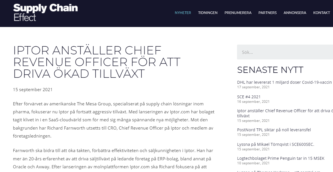 Iptor's tweet photo. Iptor's latest Press release is today featured on the frontpage of the business magazine SCE #SupplyChainEffect (in Swedish). Read the Press release here: https://t.co/DxbwRBo2Sh #iptor #pressrelease #CRO https://t.co/ky3pfkkYSu