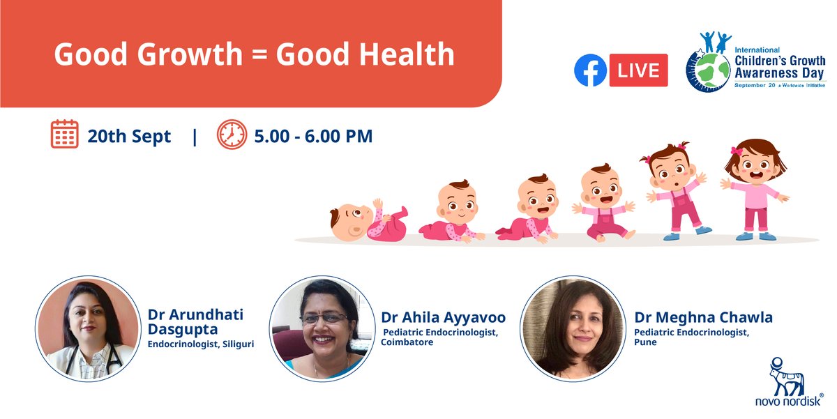 NovoNordiskIN's tweet image. Are your child's growth issues bothering you? 

Your queries will be answered by Dr. Arundhati Dasgupta, Dr. Ahila Ayyavoo and  Dr. @Meghnaendo who will talk about 'Good Growth = Good Health' on 20th September from 5-6 pm. 

#GrowthDisorder #ChildsGrowth #GoodgrowthGoodHealth
