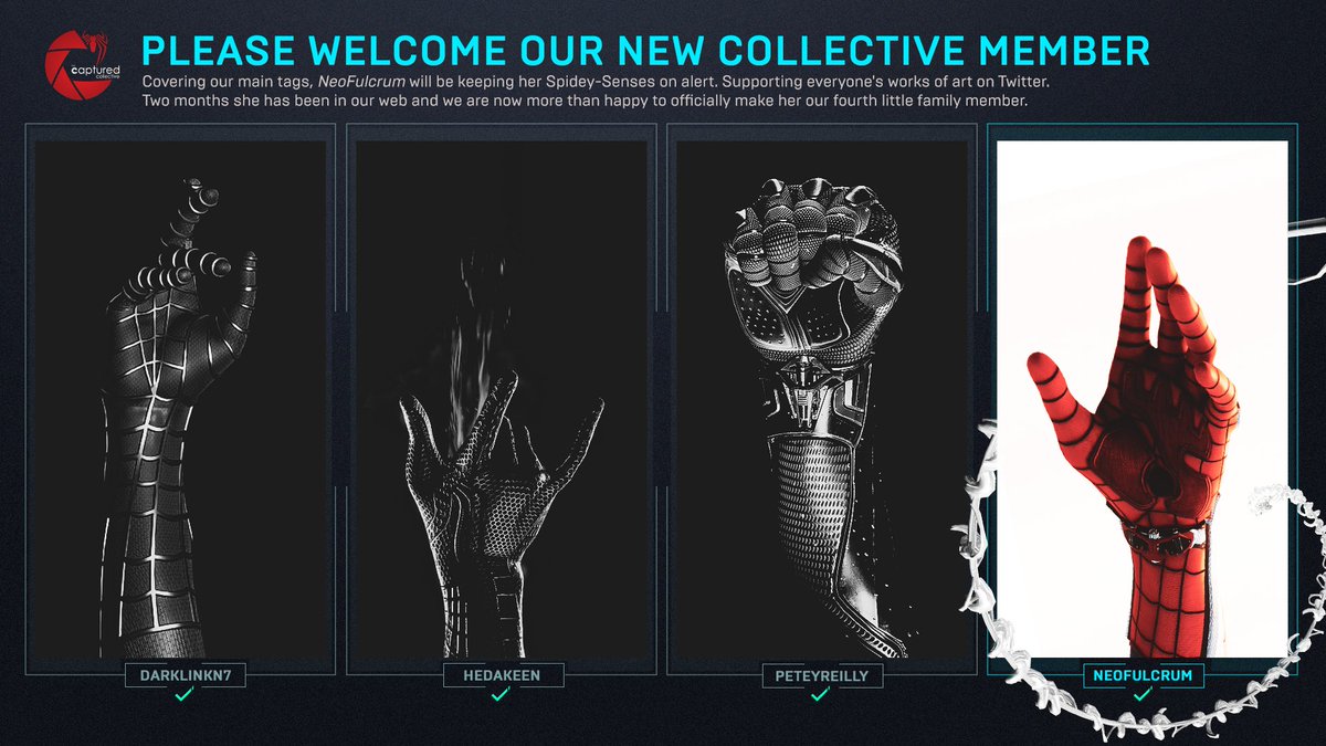 Captured_Collec's tweet photo. Recently, someone asked us for a team meeting. Hereby, we deliver with a very rare and fleeting picture of us together reaching out to you all. Save it and cherish it now...

Please warmly welcome our new member: @NeoFulcrum 

Spiders, Assemble! 🕷️
#TheCapturedCollective https://t.co/UevvRq90QG