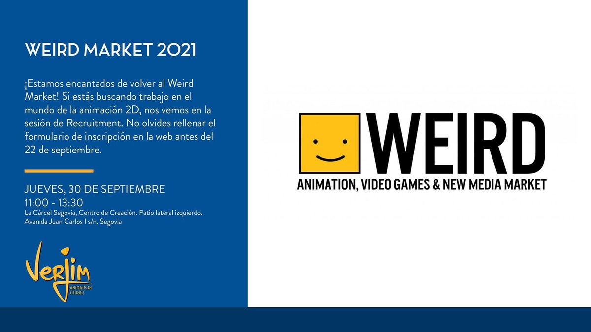VerJimAnimation's tweet photo. ¡Volvemos al @WeirdMarket ! Si estás buscando trabajo en el mundo de la animación 2D, nos vemos en la sesión de Recruitment el Jueves 30 de Septiembre. No olvides rellenar el formulario de inscripción en la web https://t.co/KqE155JiIc antes del 22 de Septiembre. ¡Nos vemos allí! https://t.co/IlnMza6XxU