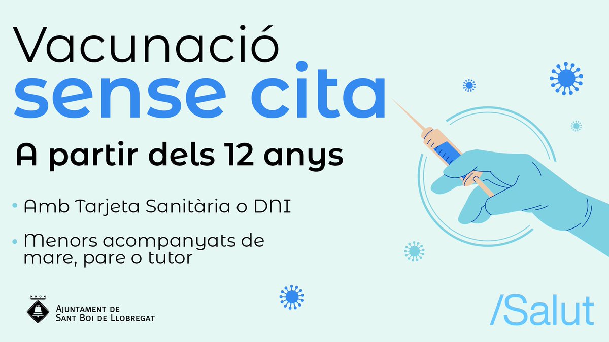 Vacunacions sense cita a Sant Boi:  20/9 16-20h CAP Molí Nou. 22/9 16-20h CAP Vinyets. 23/9 9-13 i 16-19 CAP Camps Blancs. 24/9 16-20h CAP Camps Blancs. 29/9 16-19h CAP Camps Blancs. 30/9 9-13 i 16-19h CAP Camps Blancs. 👉 santboi.cat  #COVID19 #santboi