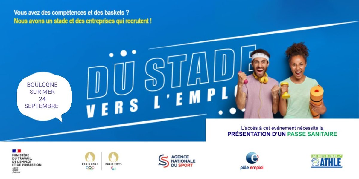 Stade Vers l'Emploi à #BoulognesurMer J-7️⃣ ! 
▶️Vendredi 24 septembre 👍
1️⃣5️⃣ entreprises:commerce, services, agro-alimentaire,.. 
8️⃣0️⃣ demandeurs d'emploi dans les starting-blocks #recrutements💪
 <a href="/LamblinPhilippe/">Philippe Lamblin</a> <a href="/LigueHDFA/">Ligue Hauts-de-France Athlétisme</a> <a href="/fcuvillier/">Frédéric Cuvillier</a> <a href="/Prefet62/">Préfet Pas-de-Calais 🇫🇷🇪🇺</a> @jimmy_gressier #AvecPoleemploi