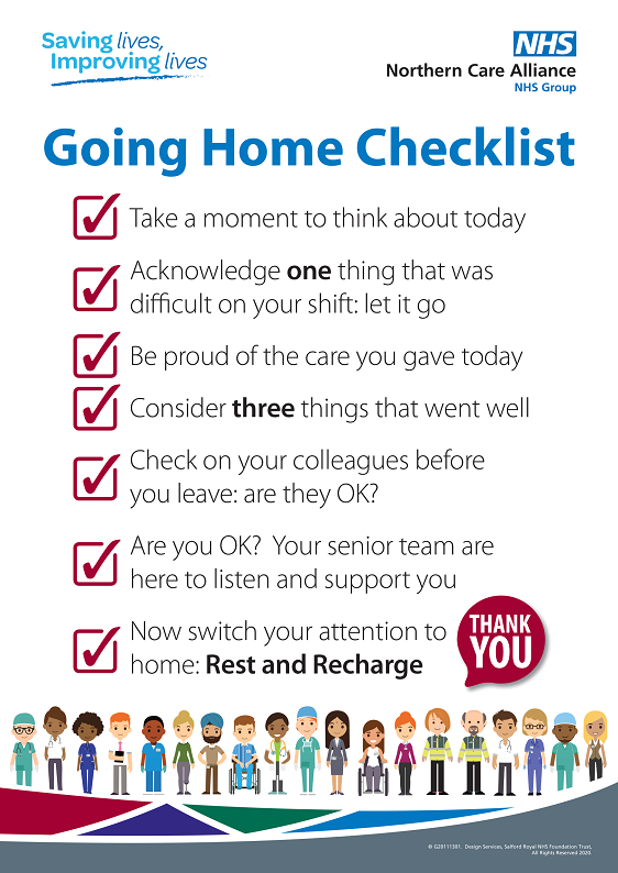 NCAlliance_NHS's tweet image. As we head into the weekend please remember to check on colleagues before you leave and ask if they are ok? See our going home checklist! #GoingHomeChecklist #NCAfamily