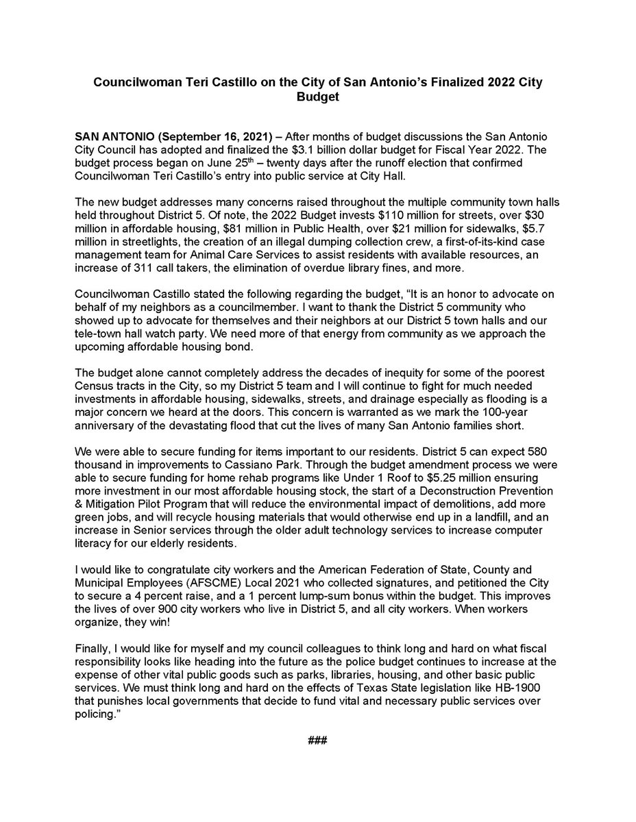Councilwoman Castillo’s Statement on the $3.1 billion San Antonio City Budget