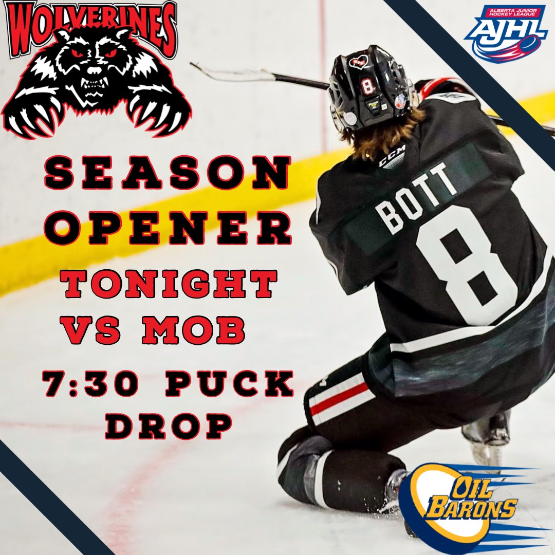 Your Wolverines are in action at home tonight as the regular season kicks off against the <a href="/MOBHockey/">McMurray Oil Barons</a> 

Puck drop is 7:30 and our tailgate party starts at 5! 

Arena capacity is 450 but tickets will be available at the door. 

Come on down and cheer on your Wolverines!!!!