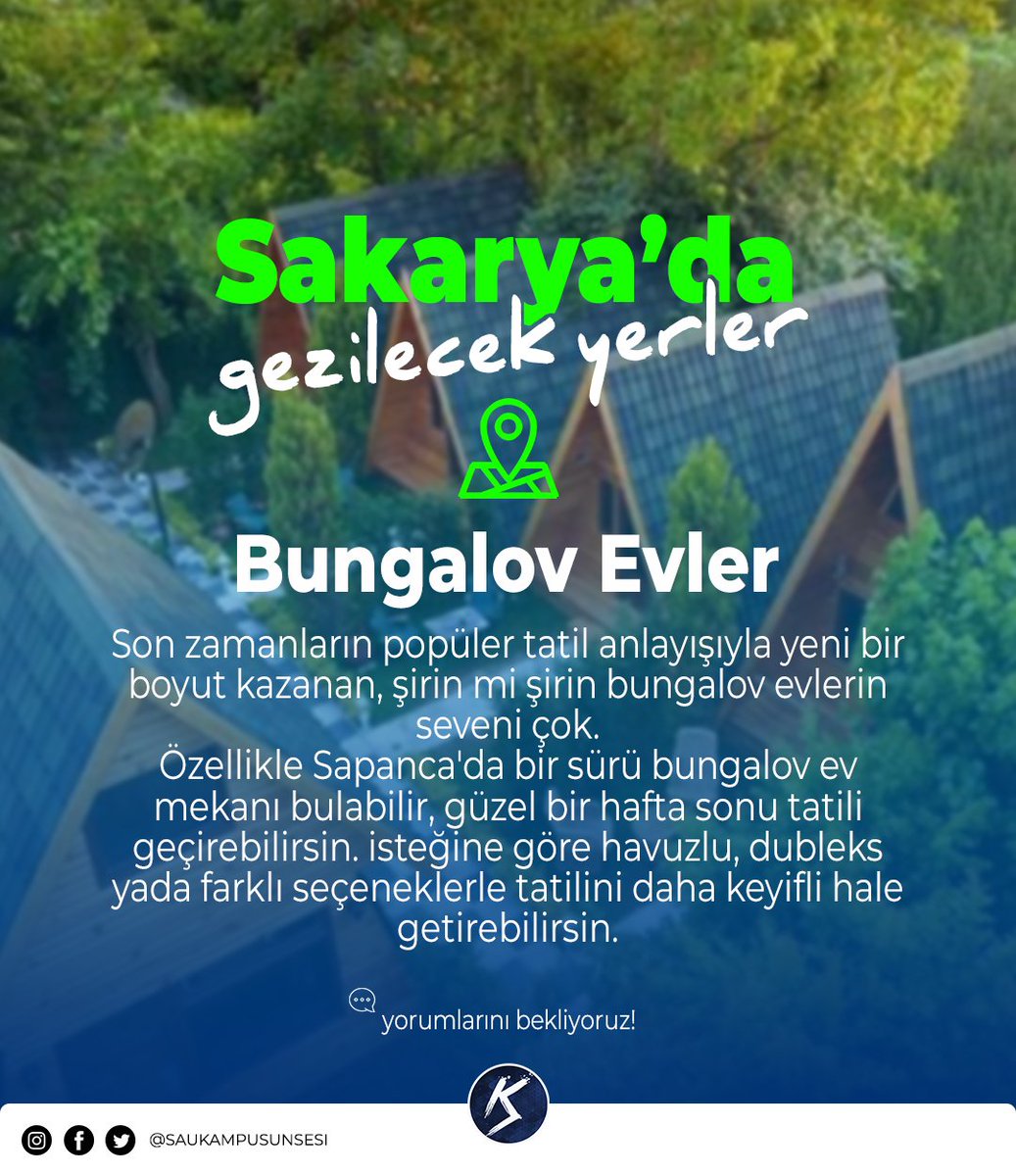 Hazır, kış yaklaşırken minik bir hafta sonu kaçamağı önerisi gelsin.😇 Tam da Bungalov evlerin merkezi olan Sakarya'da öğrenci olmuşken, e bırakın da tadını çıkaralım değil mi?😎 <a href="/FatihSavasan/">FatihSavasan</a> <a href="/Adiguzel_Yusuf/">Yusuf Adıgüzel</a> <a href="/sauiletisim/">SAÜ İletişim Fakültesi</a> #sakaryaüniversitesi #bungalov  #tercih2021