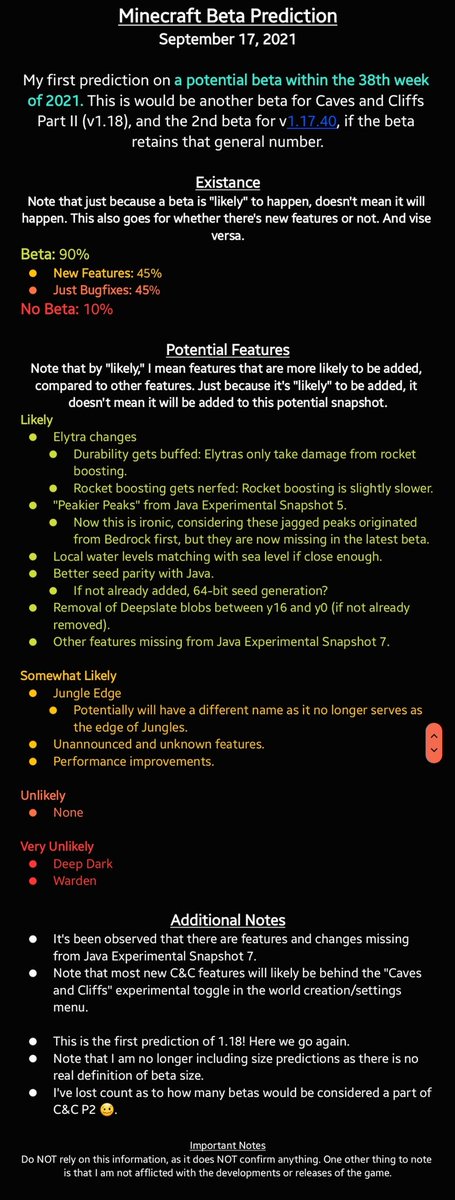 AngelPandaEarth's tweet photo. It's time. My first #SnapshotPrediction and #BetaPrediction of #Minecraft #CavesAndCliffs Part Two (v1.18). As always, take this with a grain of salt (in fact, it's better if you don't take this at all) as I am in no way afflicted with development and/or release of the game. https://t.co/DZqnTemYyd
