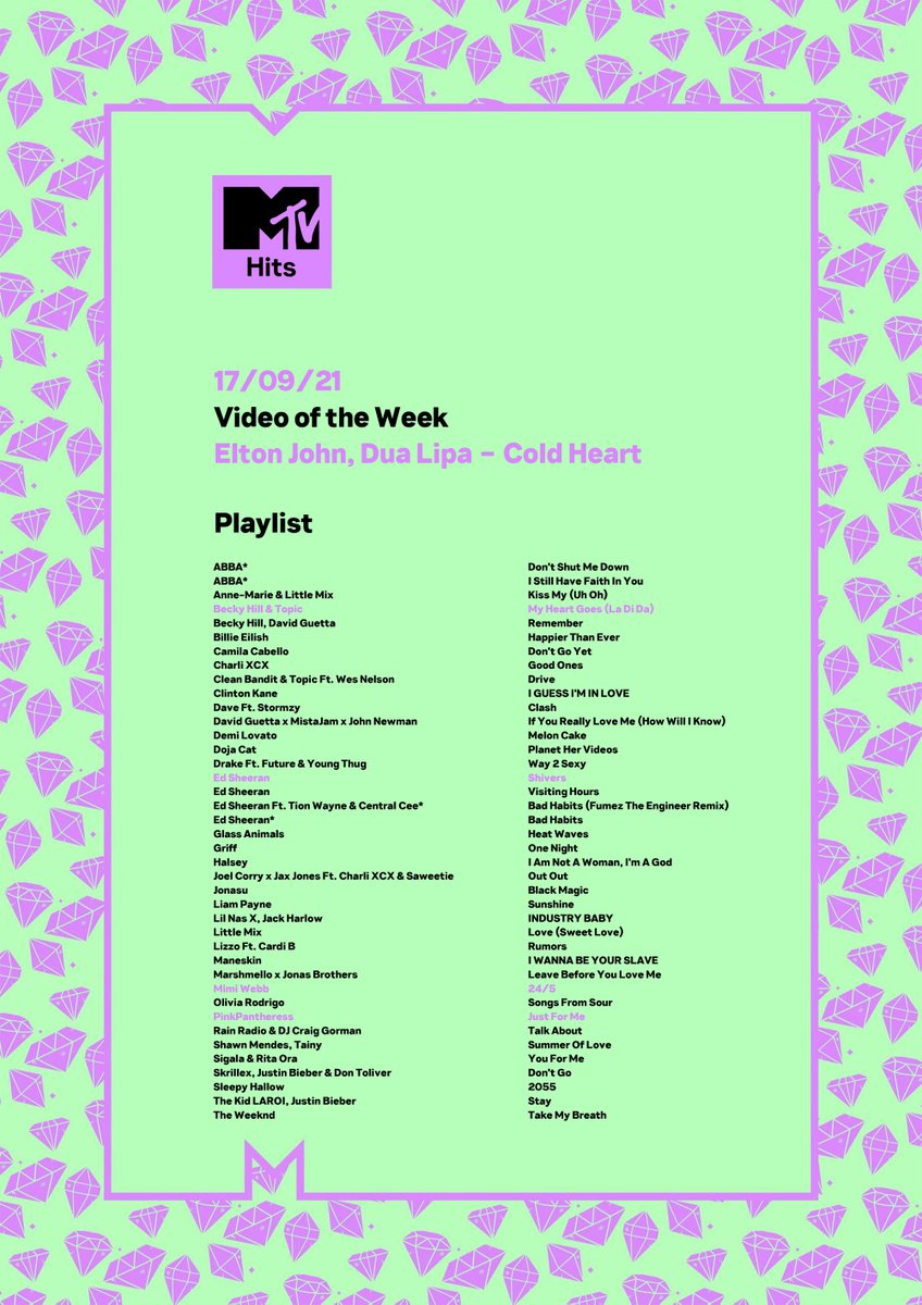 MTVMusicUK's tweet image. Getting some 💜 on this week's MTV Hits playlist we've got...
@eltonofficial 
@DUALIPA 
@BeckyHill 
@topicmusictv 
@charli_xcx 
@edsheeran 
@wiffygriffy 
@halsey 
@LiamPayne 
@mimiwebb 
@Olivia_Rodrigo 
#PinkPantheress
@theweeknd 
Full playlist: fal.cn/3iiY2 ✨