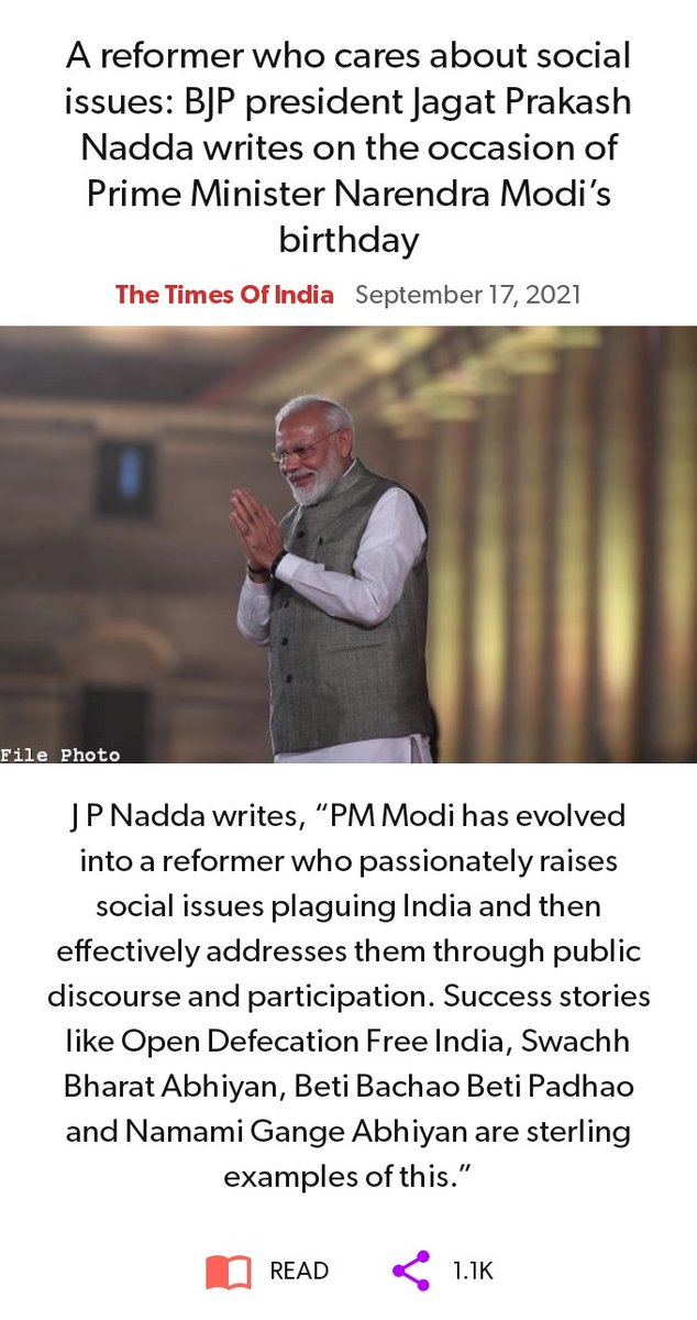 Nisharg_J3C's tweet photo. 🎉#HappyBdayModiji ❤️🔥🥳✨
A reformer who cares about social issues: BJP president Jagat Prakash Nadda writes on the occasion of Prime Minister Narendra Modi’s birthday.
#ModiJiAt71 https://t.co/n2QNGvuCcd