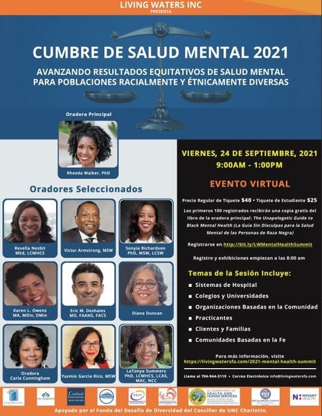 1⃣ WEEK! Sept 24 from 9am-1pm is the 2021 Mental Health Summit titled Advancing Equitable Mental Health Outcomes for Racially/Ethnically Diverse Populations, by <a href="/livingwatersfa/">Living Waters Inc</a> with @CLT_CAPS, <a href="/UNCCUrbanEd/">UrbanEdCollaborative</a>, Dept of Counseling, &amp; the RASE Academy. Register: events.r20.constantcontact.com/register/event…