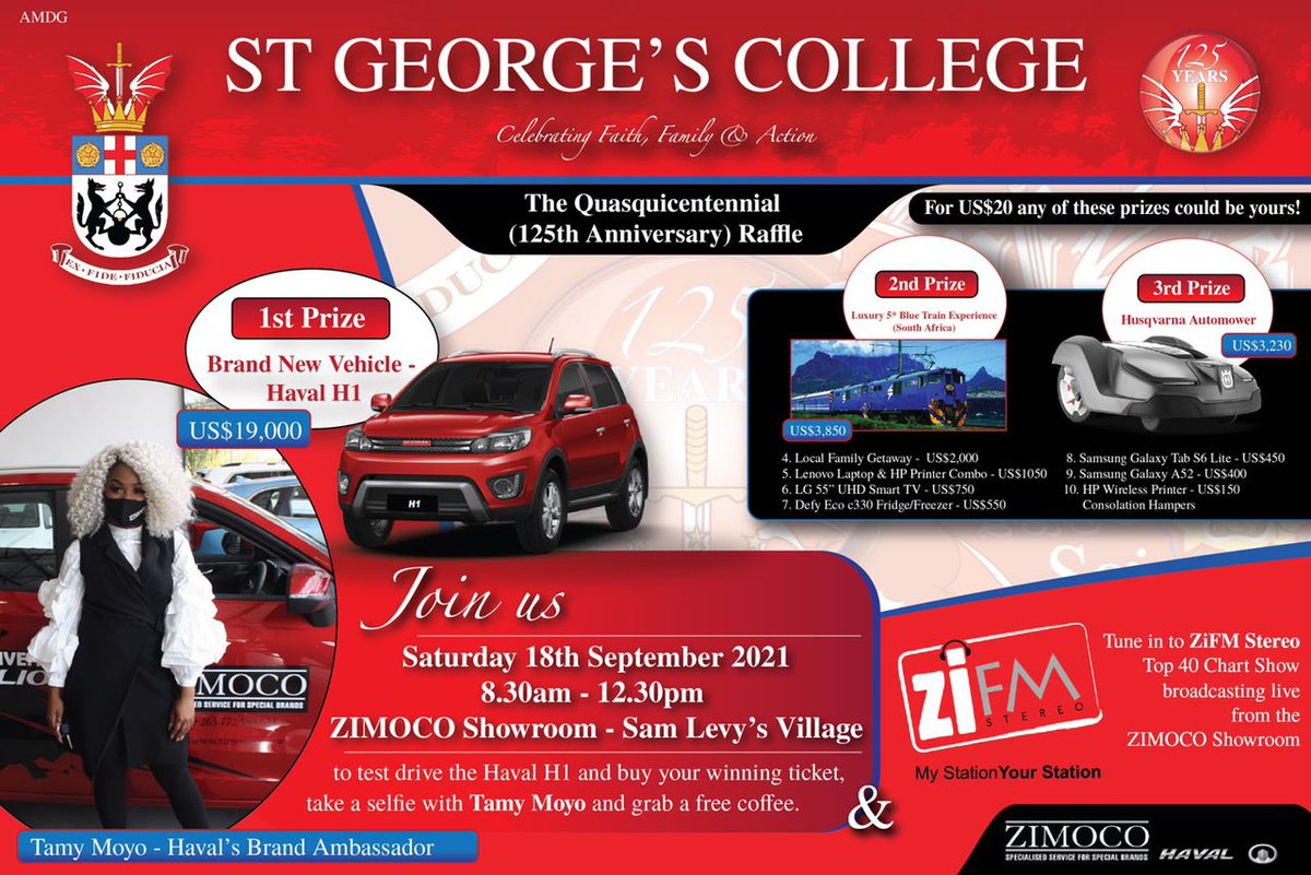 1/2 - Come through tomorrow from 1000HRS as we broadcast the #ZiTop40 with <a href="/CptAwesomeZW/">Captain Awesome</a> LIVE from the #ZIMOCO Showroom and catch, <a href="/TamyMoyo/">Tamy Moyo</a> and the team, as we celebrate 125 years of <a href="/StGeorgesZw/">St. George's College</a>. Come through, test drive the Haval H1 and take a selfie with Tammy Moyo.