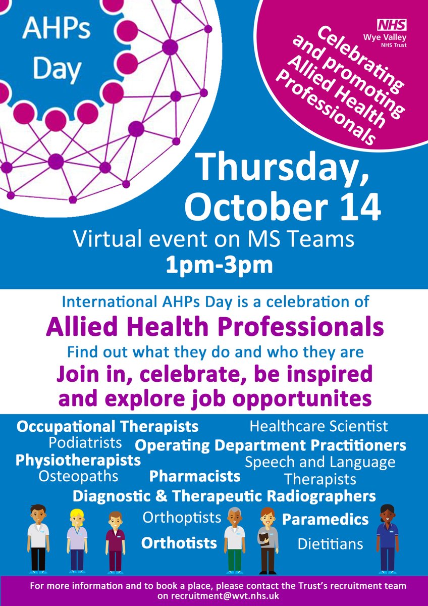 WyeValleyNHS's tweet photo. Allied Health Professional Day 2021 - Join us and be inspired on the different types of roles available across the profession. For more information, contact recruitment@wvt.nhs.uk https://t.co/lcdXQN2aRq