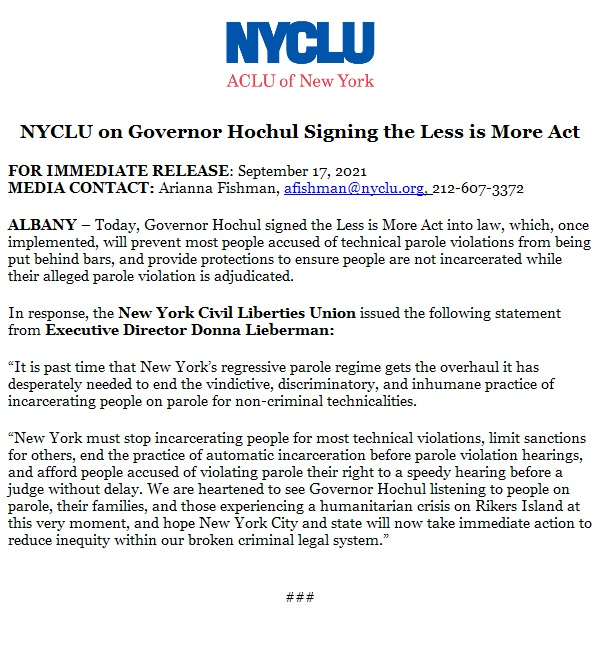NEW: @GovKathyHochul has signed #LessIsMoreNY which, once implemented, will prevent most people accused of technical parole violations from being put behind bars.

This is a long-awaited victory that advocates + activists have fought hard for. But there's still more work to do.