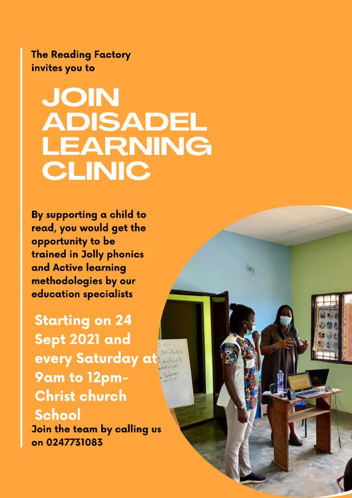 volunteeringh's tweet photo. Join The Reading Factory at the #Adisadel #ReadingClinic at Christ Church School, Adisadel, #CapeCoast on September 24.
Gain knowledge in play based learning & jolly phonics.
Contact +233 247731083 @EfuaBeduwa
#NVDay21 #NVDay #volunteeringh #LiteracyMatters #ReadingFactory https://t.co/pa2Mm0Qrpj