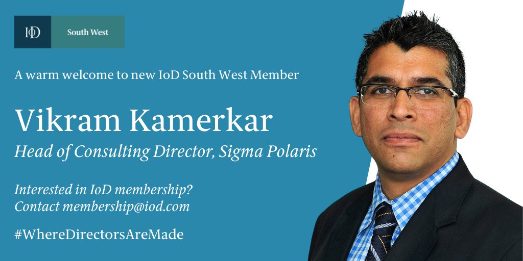 IoDSouthWest's tweet photo. A warm welcome to new IoD South West member Vikram Kamerkan, Head of Consulting Director at @sigmapolarisai! 

We look forward to supporting you throughout your membership! https://t.co/BzYMh044mn