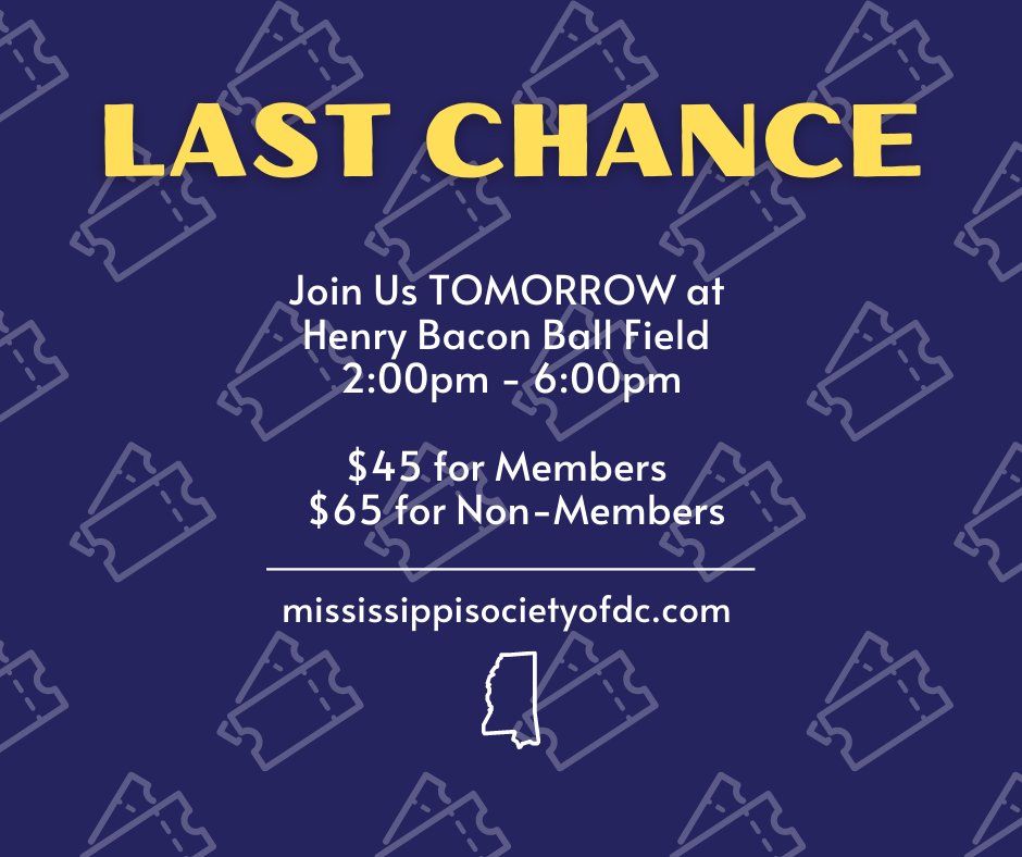 LAST CHANCE TO BUY YOUR MISSISSIPPI ON THE MALL TICKET! 

We'd hate to miss you at Mississippi on the Mall tomorrow. 

Make sure you don't miss out on the fun ➡️ themississippisociety.ticketleap.com/mississippi-on…