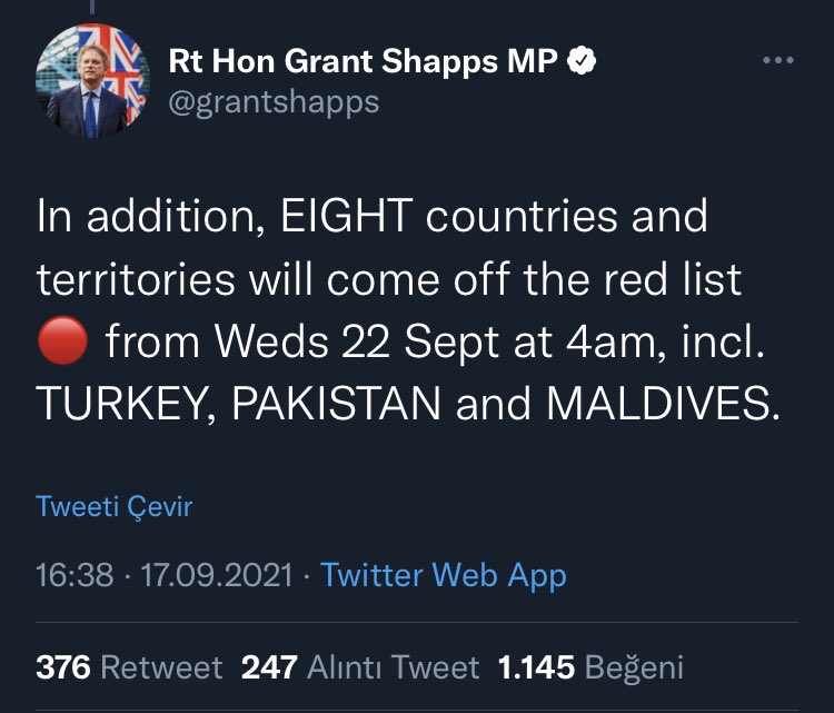Turkey_Monitor's tweet photo. Turkey to come off UK’s red-listed countries for travel on 22 Sept. Late. https://t.co/zJTyMzyFBi
