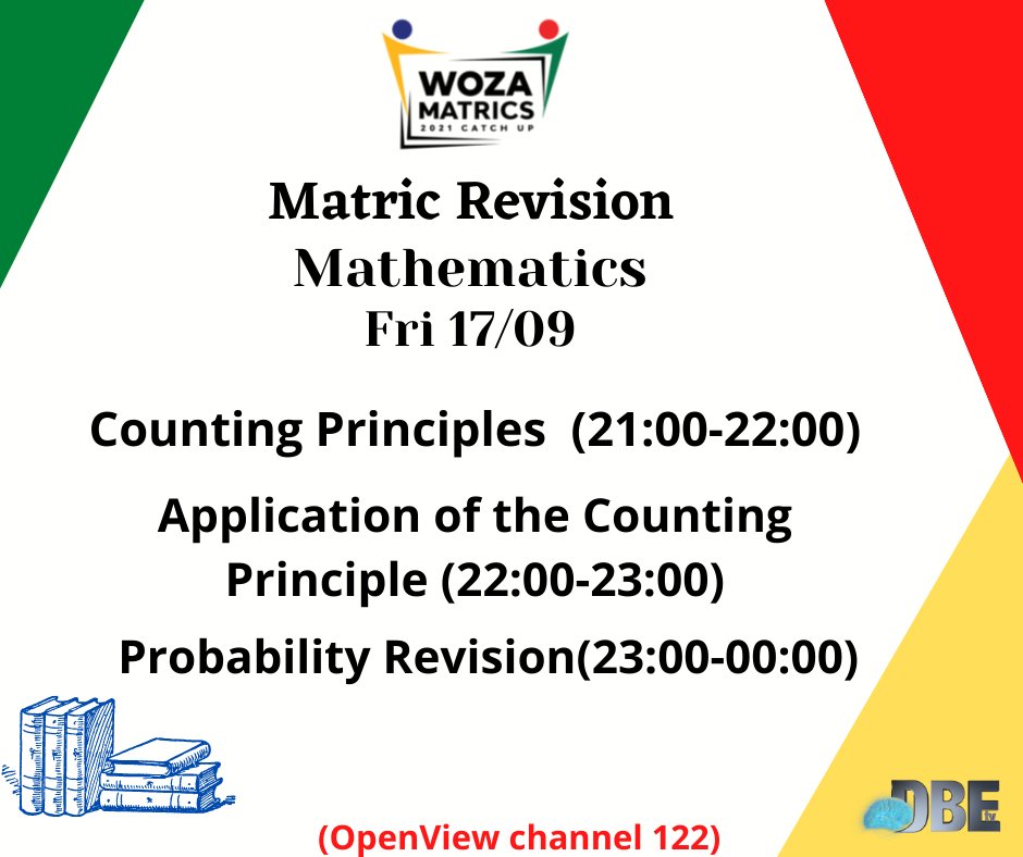 dbe_tv's tweet photo. To all Matric learners, do not miss today's Mathematics revision lesson. Catch it on @dbe_tv channel 122 from 9pm-12am. @wozamatrics @OpenView_HD @Official_SABC1
#DBEsupport #Matricrevisions
#trialexams #learnersupport https://t.co/71HzQ6YWJV