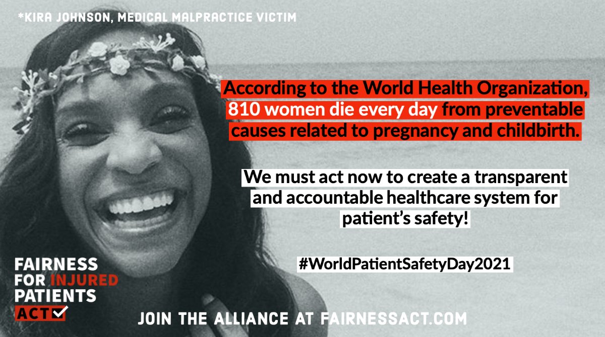fairnessact's tweet photo. Approximately 810 women die EVERY DAY from PREVENTABLE causes related to pregnancy & childbirth! On this #WorldPatientSafetyDay2021 we’re calling out malpractice caps, like MICRA, that lets wealth dictate if an injured patient & their family get justice! #FairnessAct #FixMICRA https://t.co/AHhJEbK6GT