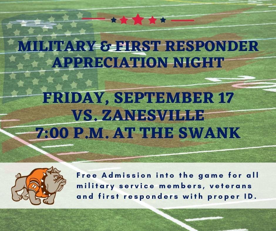 Join us tonight at The Swank as we honor our military and first responders during Heath’s football game against Zanesville. FREE admission for military personnel, veterans and first responders. To purchase your tickets for tonight’s game, visit heath.k12.oh.us/ticketing.aspx.