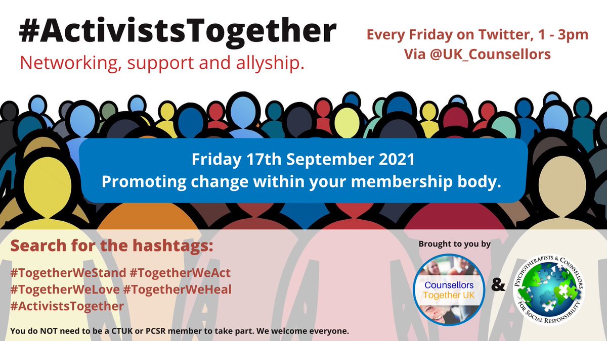 UK_Counsellors's tweet photo. As members of a professional membership body, therapists can play a big part in affecting the change they’d like to see. Below are some ways you can do this.
Please do share your ideas/experiences/thoughts too.
@PCSRuk @Therapists_C @pcu_union @pcp_uk #activiststogether 1/ https://t.co/XUweE2tWZd