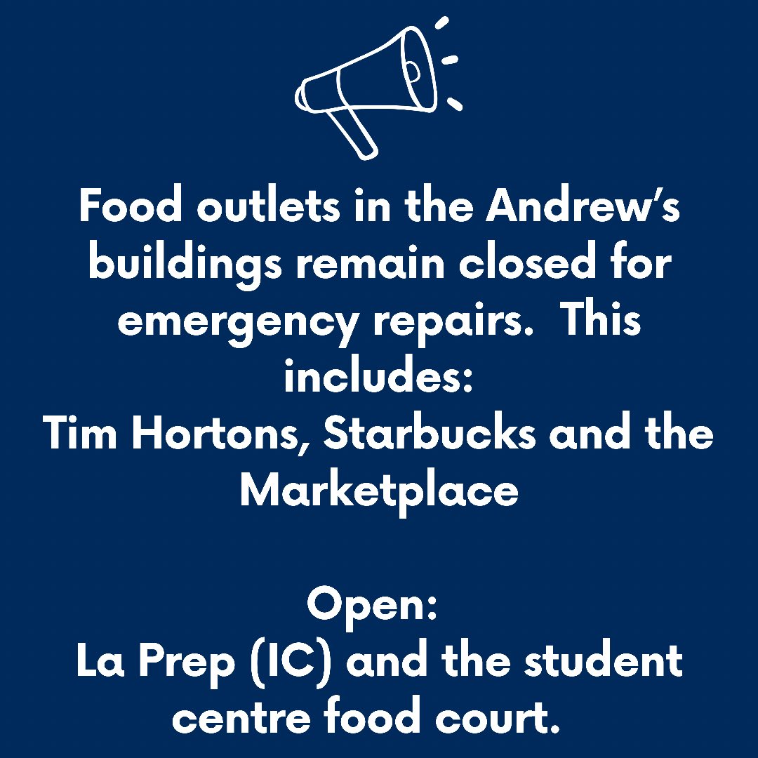 FoodUTSC's tweet image. Food outlets in the Andrew’s building will remain closed for emergency repairs.   La Prep and The student centre food court will be open. #utsc