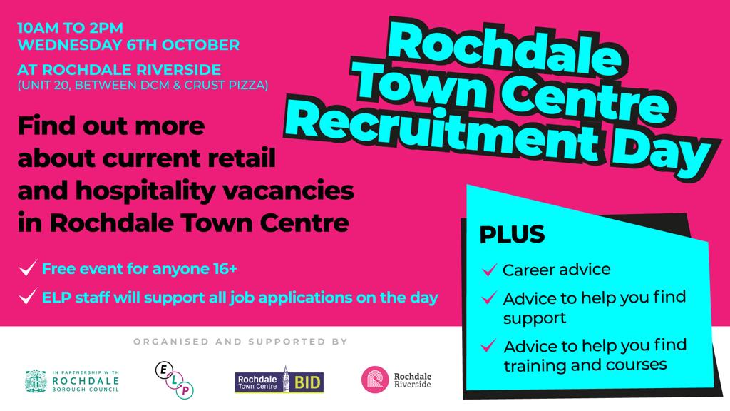 Looking to find out about current retail and hospitality vacancies in Rochdale Town Centre? Then come along to the Rochdale Town Centre Recruitment Day on Wednesday 6th October between 10am-2pm at @RDriverside! @RochdaleCouncil