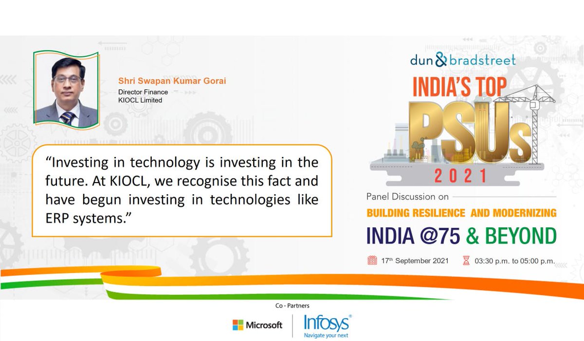 crdsouza1982's tweet photo. Shri Swapan Kumar Gorai, Director Finance, KIOCL Ltd. speaking at the @DNB_India India's Top PSUs 2021 panel discussion
"Building Resilience and Modernizing India@75 &amp; Beyond" #DNBTopPSUs #GrowWithDNB https://t.co/PBNN8ZEuQn