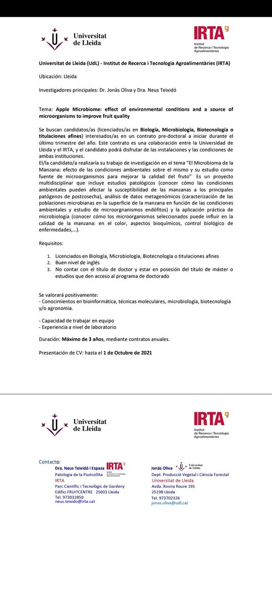 Nueva beca predoc para trabajar en el Microbioma de las manzanas de la mano de IRTA y Universitat de Lleida. Mas informacion ⤵️⤵️
#microbioma #postharvest #irta #universitatlleida #research