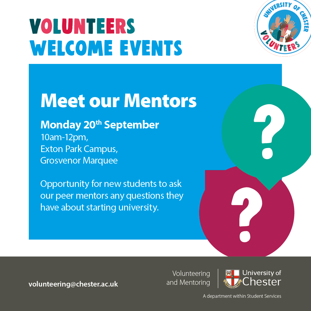 UoCVolunteering's tweet photo. 🎉 Monday marks the beginning of the University's Welcome Week, and what better way to kick-start the week than popping-in and meeting your Peer Mentors?!

👋 Our Peer Mentors will be at Grosvenor marquee, Exton Park Campus (Chester), 10.00am - 12.00pm on Monday 20th September. https://t.co/OIgcPUYrBt