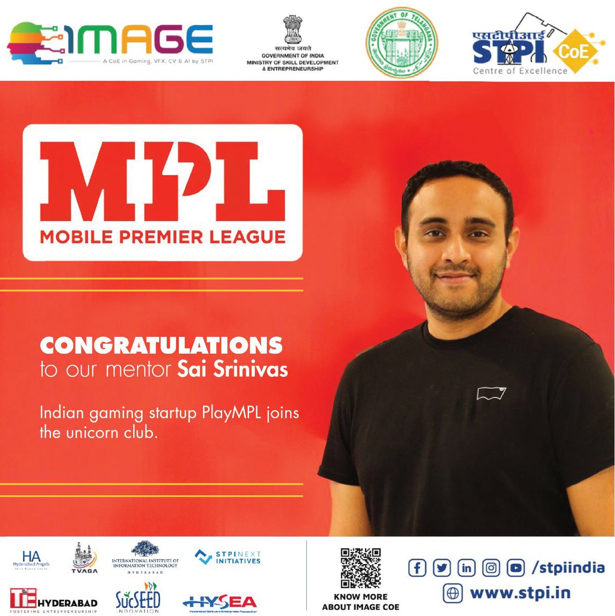 STPIIMAGECOE's tweet photo. Esports and skill gaming app Mobile Premier League (MPL) has become India's latest startup unicorn, raising funds at a $2.3 billion valuation in Series E financing. Congratulations to our mentor Shri. Sai Srinivas, Co-Founder, @PlayMPL #STPICOEs #IMAGECOE #accelerator #funding https://t.co/fTLAclvjUm