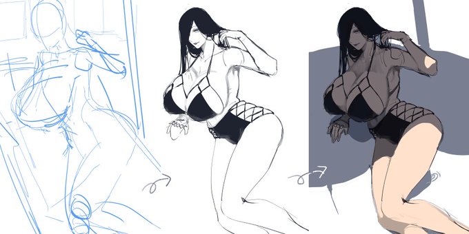 #皆さんラフと完成絵を見せてください
これはイメージラフからラフ起こして、そのままペタペタ色乗っけてって死ぬほど後悔した爆乳バニーおばさんです(説明) 