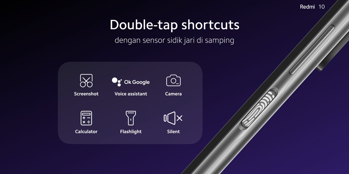 #Redmi10 hadir dengan modul kamera yg modern &amp; mewah, guys!

Dengan bobot hanya 181g, fitur dual speakers &amp; sensor sidik jari di bagian samping dengan Double-tap shortcuts.

Ada 3 pilihan warna: Carbon Gray, Pebble White, &amp; Sea Blue

#Jagoannya50MP #XiaomiFestival #XiaomiNomor1
