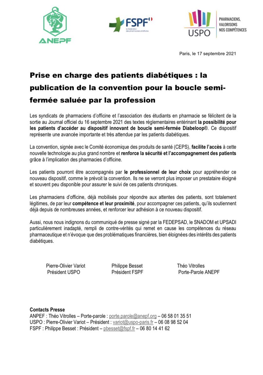 Pharma_ANEPF's tweet photo. #CDP | Prise en charge des patients diabétiques : la publication de la convention pour la boucle semi-fermée saluée par la profession 🗣

➡️ Retrouvez notre communiqué de presse commun 🗞 https://t.co/KZwBVrt0Bw