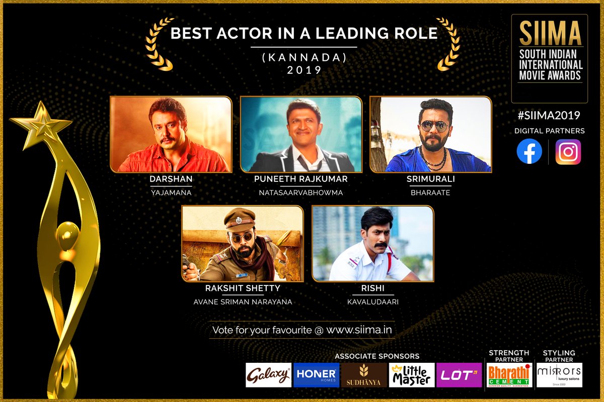SIIMA 2019 Best Actor In A Leading Role Nominations | Kannada
1: @dasadarshan for #Yajamana
2: @PuneethRajkumar for #Natasaarvabhowma
3: @SRIMURALIII for #Bharaate
4: @rakshitshetty for #AvaneSrimanNarayana
5: @Rishi_vorginal for #Kavaludaari