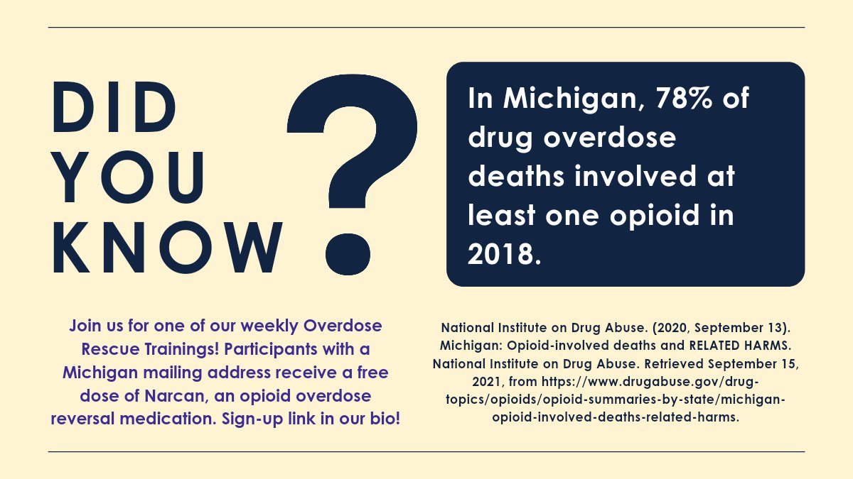 STOPOverdoseWSU's tweet photo. To learn more about opioid use disorder and how to save someone from an overdose, join us for one of our weekly Overdose Rescue Trainings. Sign up at https://t.co/71S6IH6gqo! Participants with a MI address receive a free dose of Narcan, an opioid overdose reversal medication. https://t.co/SX25JSgYzm